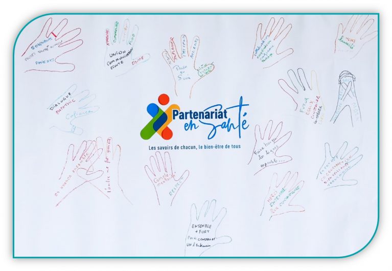 Fresque réalisée par des participants à la 1ère journée régionale du Partenariat en Santé, où l’identité visuelle conçue dans une démarche collaborative a été présentée.
