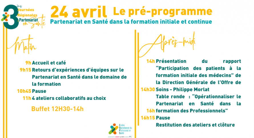 Programme de la Rencontre dédiée au Partenariat en Santé dans la formation / l’enseignement du 24 avril à Narbonne.
